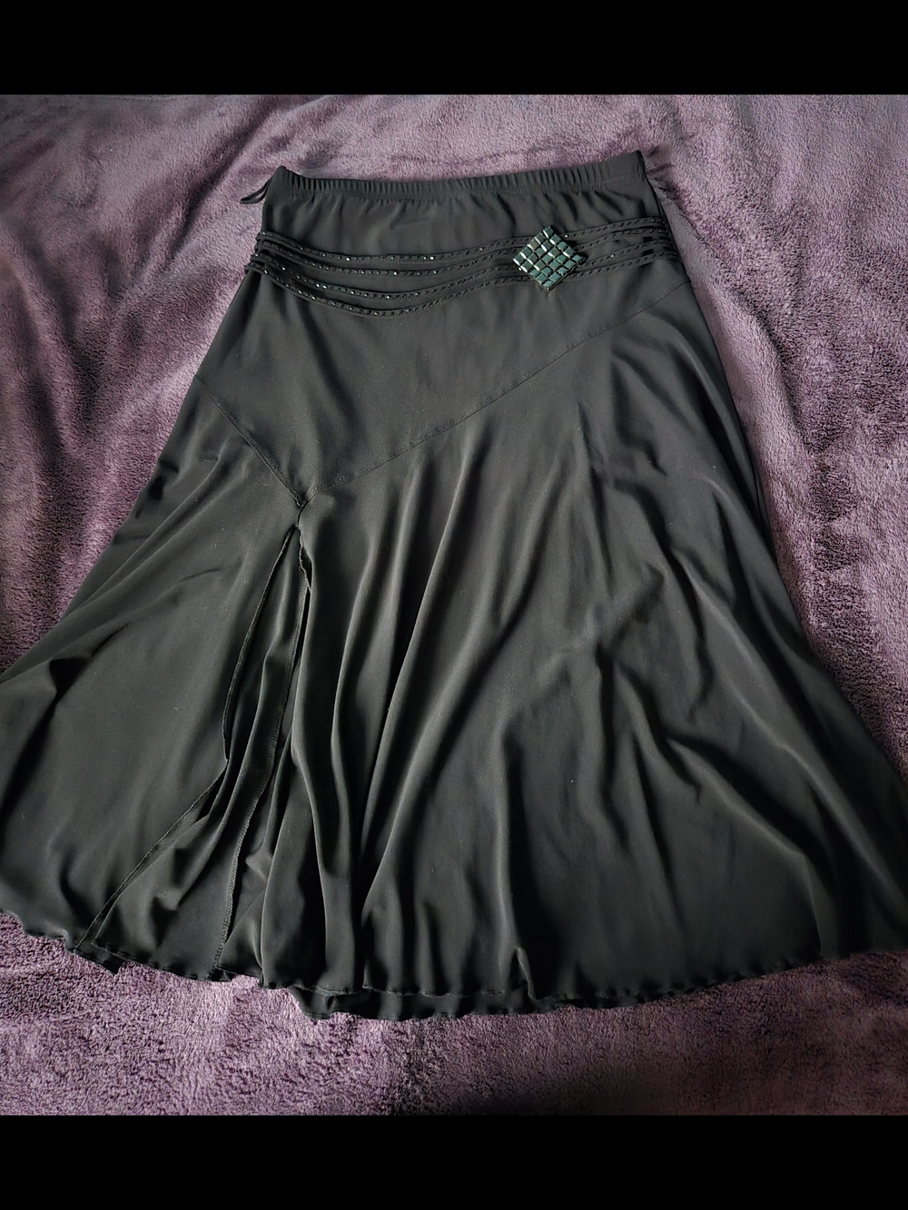 Lichi Black Flowy Midi Skirt with Rhinestone Detail — Size S 🖤✨
